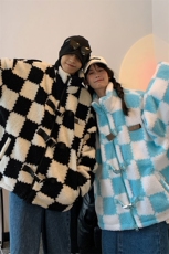 1冬季港风情侣羊羔毛棋盘格大码M-5XL宽松棉服外套男MY7535P135，男装棉衣，星座226-2