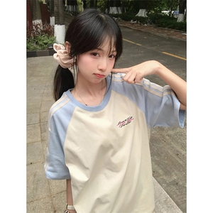 抖音得物品质二开240克宽松纯棉美式潮牌插肩三杠织带短袖T恤图片