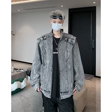 CL9908-P75美式复古做旧水洗拼接牛仔外套潮牌金属设计感立领夹克，男装夹克，电商C233