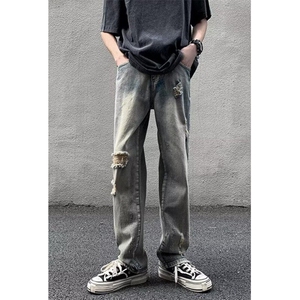 vibe风开叉破洞牛仔裤男款夏季潮牌街头裤子修身微喇叭裤 N9024图片