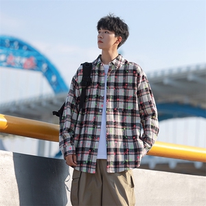 模特-美式涂鸦格子衬衫男外套复古上衣 8053-P48图片