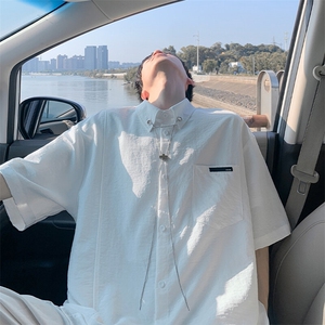 特批P28无差价夏季潮牌高级感挂链男大码慵懒痞帅短袖衬衫CD5511图片
