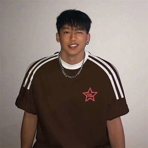 夏季美式高街重磅纯棉三条杠织带撞色男女短袖T恤ZD570-特P30