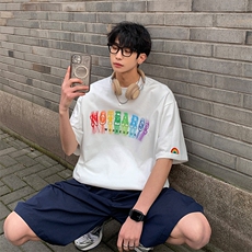 2023夏新款港风个性字母印花宽松圆领短袖T恤上衣T2218-P50，男装T恤，星座914-3