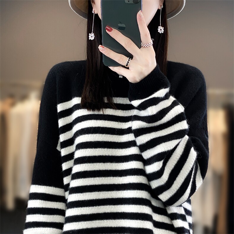 黑白条纹秋冬简约时尚新款长袖圆领羊毛连衣裙,女装羊毛衫,宋氏羊绒