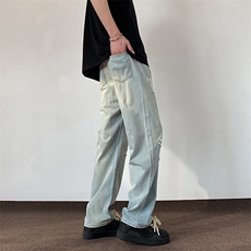 双色破洞牛仔裤男春夏款直筒宽松美式复古裤子潮流784/p56，男装牛仔裤，电商B381-1