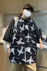 港风宽松男士满意飞机冰丝衬衫宽松短袖衬衫A071-C30-P38，男装衬衫，电商A071