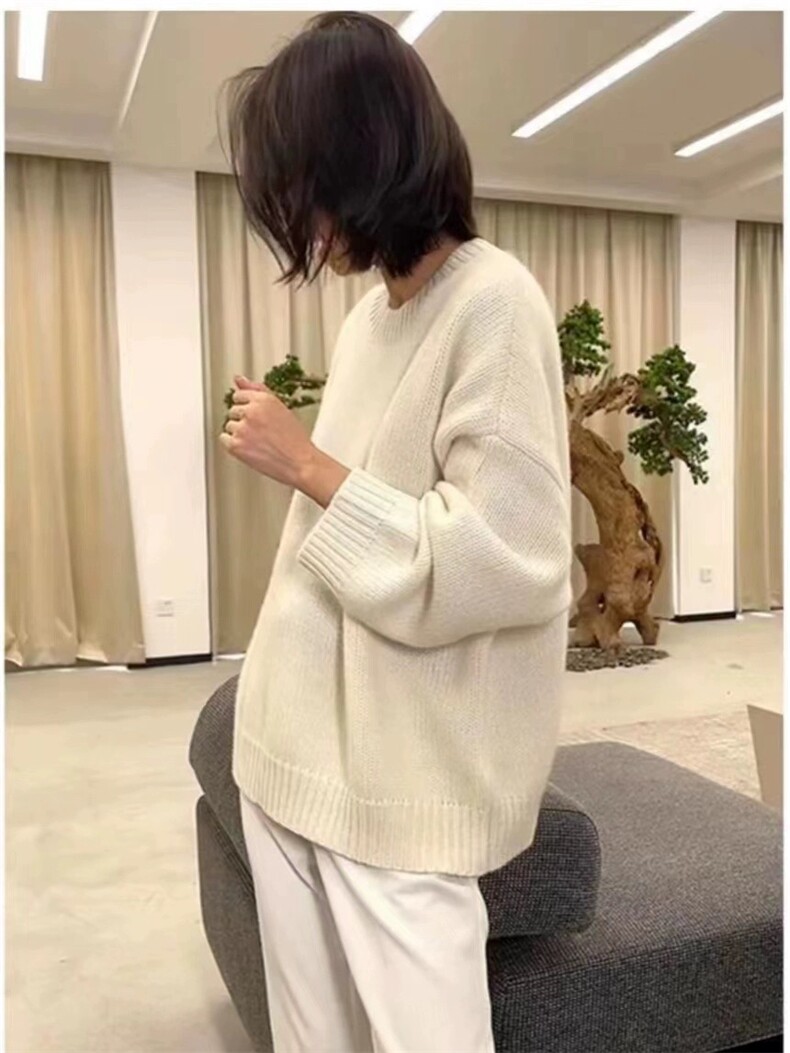 毛衣女早秋季圆领宽松慵懒风纯色内搭打底针织衫上衣图片