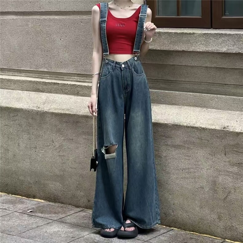 高腰显瘦吊带牛仔裤背带裤长裤设计2025秋季新款裤子直筒阔腿裤女图片