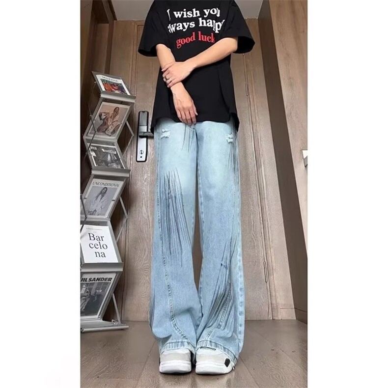 复古蓝水洗破洞牛仔裤男夏季美式痞帅高级感裤子直筒弯刀微喇长裤，男装牛仔裤，星座506A