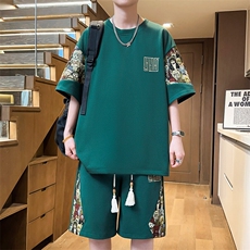 小熊刺绣T恤两件套休闲运动套装男夏季拼接短裤A266-TZ8858-P50，男装T恤，电商A266