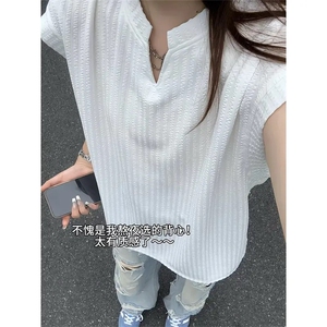 白色V领冰丝背心女夏薄款外穿运动健身无袖t恤肌理感坑条坎肩汗衫图片