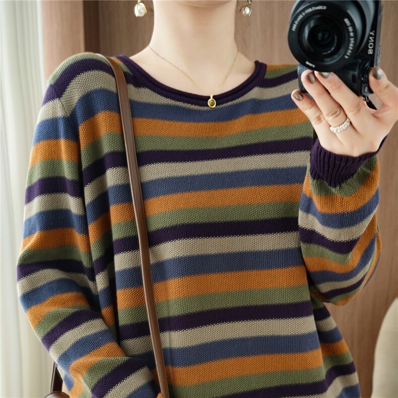法式复古条纹针织衫女2025新款韩系宽松慵懒巨好看毛衣棉线打底衫，女装针织衫/毛衣，品高羊绒