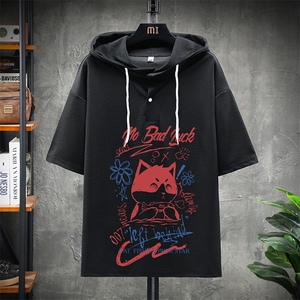 LD54226-P45 连帽短袖t恤男大码胖子带帽五分袖中袖 展架图片