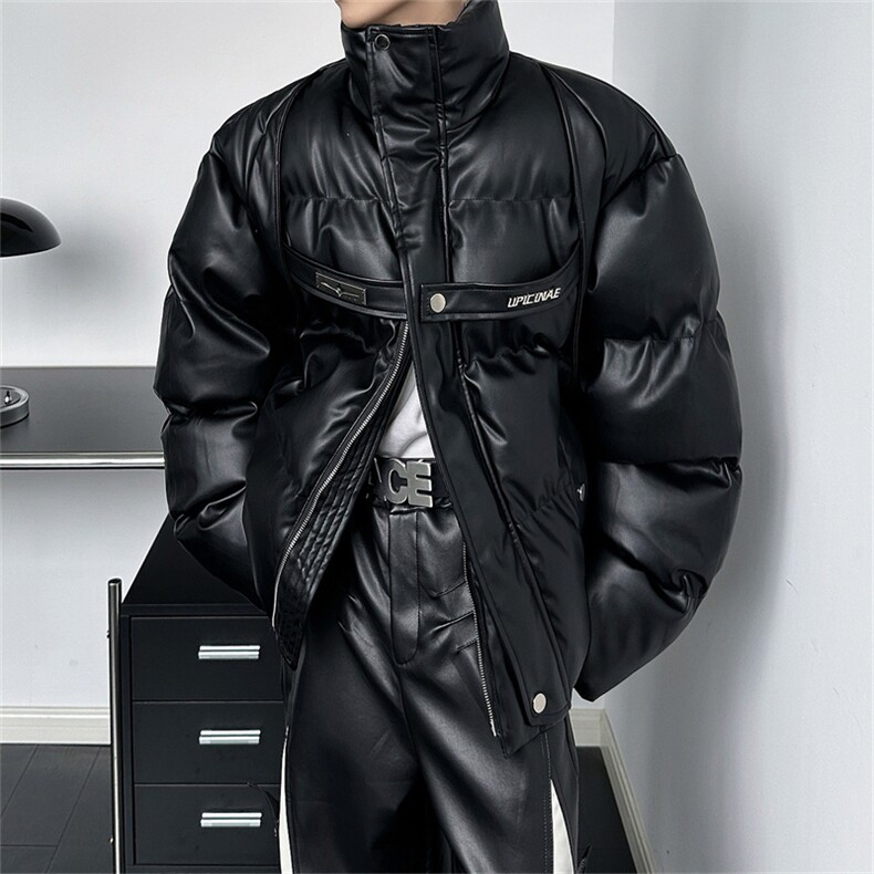 冬季小众解短款PU皮加厚保暖棉服外套金属绑带设计感面包服棉衣男,男装棉衣,星座505-2（原电商A260-1)