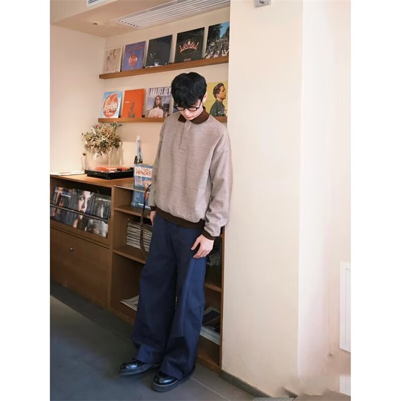 秋季复古千鸟格撞色拼接Polo领条纹衫休闲长袖T恤卫衣WYX79,男装Polo衫,星座516A
