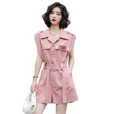 2021夏季新款潮流时尚气质减龄翻领腰带收腰显瘦修身连体裤，女装休闲裤，韩蜜菓