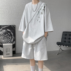 新中式国风短袖套装男夏季国潮刺绣宽松休闲运动t恤短裤两件套ins，男装休闲套装，电商D232