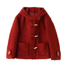 现货主推2025冬季新款时尚连帽羊羔毛加厚外套红色大衣，女装短外套，半夏