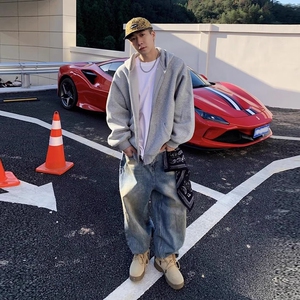 浅灰色双拉链开衫卫衣男款秋季重磅连帽外套美式潮牌帽衫图片