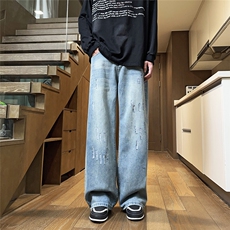 美式ins高街设计感磨破破洞牛仔阔腿裤垂感显瘦货号9072-P39，男装牛仔裤，星座302A-2