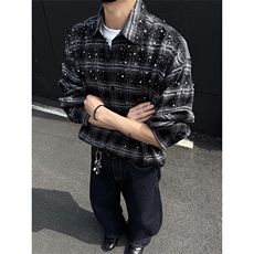 满天星重工烫钻衬衫男长袖美式复古宽松格子衬衣外套CSCS25003P95，男装衬衫，星座512-1（原513-3）