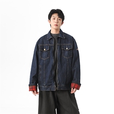 美式复古格纹拼接牛仔外套男女休闲宽松百搭工装夹克潮JK1166-P80，男装工装外套，星座1103-3