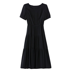 2026夏季新款黑色圆领连衣裙泡泡袖收腰显瘦中长款气质通勤A字裙，女装连衣裙，艾米