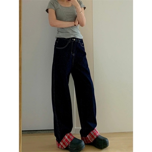 【网图有货】美式格子拼接卷边牛仔裤男女阔腿裤子NZ011CC-特P65图片