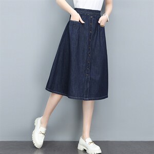 yxls夏季牛仔半身裙2025新品松紧高腰中长款A字裙棉质百搭女半裙图片
