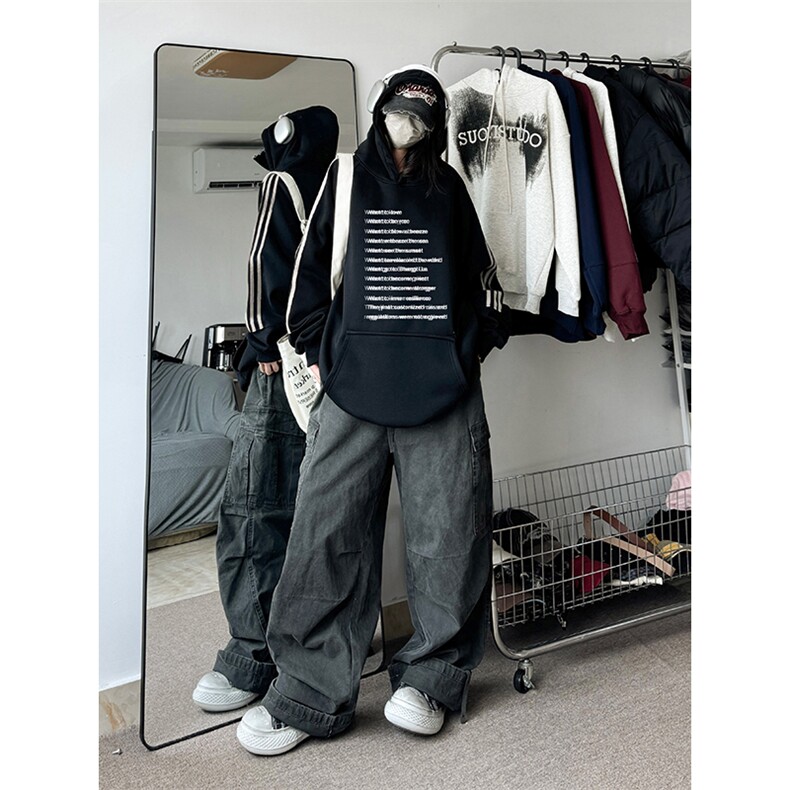 抖音得物供货提供视频秋冬重磅美式宽松织带连帽卫衣0427,男装卫衣,电商A486