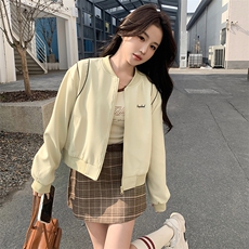 美式棒球服外套女春秋通勤短款撞色拼接复古夹克刺绣宽松休闲上衣，女装短外套，鑫慧