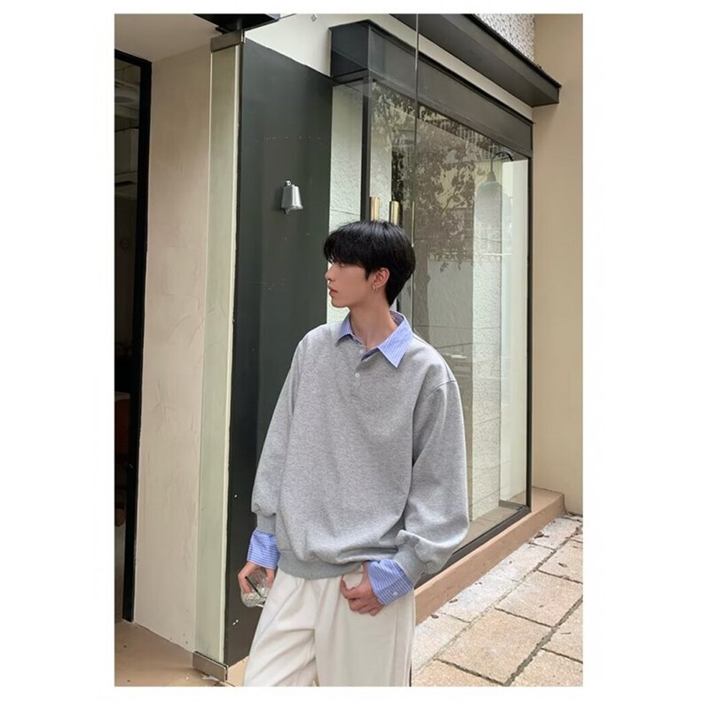 假两件衬衫领卫衣男秋季小众撞色拼接翻领外套韩版高级感长袖上衣,男装卫衣,星座1008