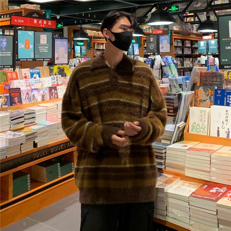 软糯翻领条纹毛衣秋冬美式复古学院风别针慵懒针织衫上衣YZ50-P60,男装针织衫/毛衣,星座1109-3