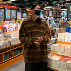 软糯翻领条纹毛衣秋冬美式复古学院风别针慵懒针织衫上衣YZ50-P60，男装针织衫/毛衣，星座1109-3