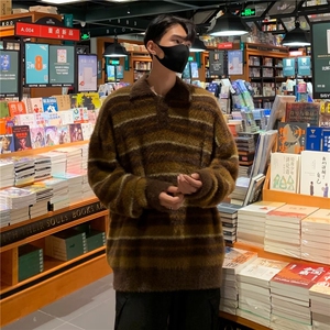 软糯翻领条纹毛衣秋冬美式复古学院风别针慵懒针织衫上衣YZ50-P60图片