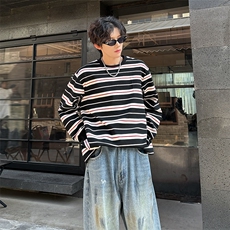 全棉重磅设计感条纹小众长袖T恤男秋季宽松卫衣男A210A-WY05-P48，男装T恤，电商A210A