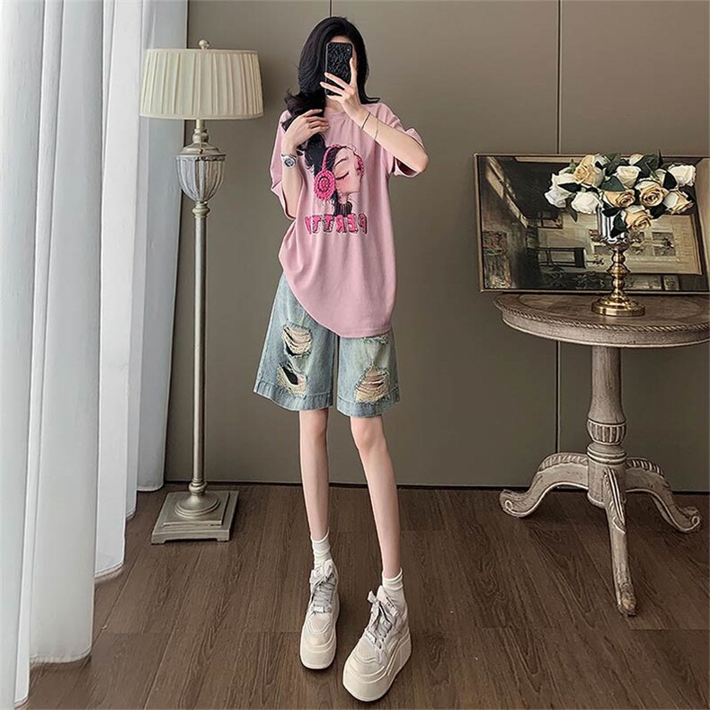 盐系穿搭休闲时尚套装女夏设计感圆领印花短袖破洞牛仔短裤两件套，女装套装/套裙，江南