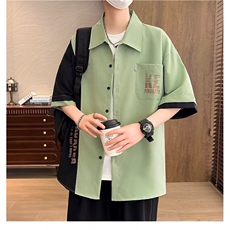 工装短袖衬衫男款夏季撞色宽松衬衣美式复古休闲潮流纯色拼接半袖，男装衬衫，星座1013