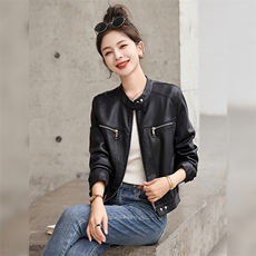 欧货圆领长袖搭扣皮衣外套女2024年春季新款机车时尚皮夹克短外套，女装皮衣，江南女神