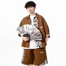 新中式竹纹拼接短袖衬衫夏季风潮牌半袖衬衣外套A436-T18-P65，男装衬衫，电商A436
