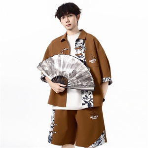 新中式竹纹拼接短袖衬衫夏季风潮牌半袖衬衣外套 A436-T18-P65图片