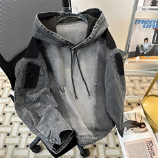 美式复古做旧拼接牛仔卫衣连帽外套潮牌欧美街头vint机车服男，男装卫衣，星座505-2（原电商A260-1)