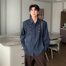 日系复古解构压褶长袖衬衫男春秋老钱风双排扣简约通勤翻领衬衣，男装衬衫，星座506A