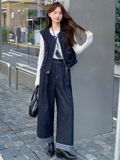 2025年秋季新款时尚潮流牛仔配色两件套裤，女装套装/套裙，超帛