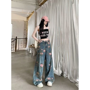 满印玫瑰花朵牛仔裤男新款夏季痞帅高级感裤子美式vibe直筒微喇裤图片