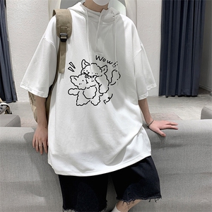 LD5427-P45 连帽短袖t恤男大码胖子带帽五分袖中袖图片