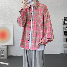 衬衫男秋季新款港风宽松大码磨毛格子扎染长袖衬衣CS507-P35，男装衬衫，星座214-3