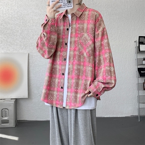 衬衫男秋季新款港风宽松大码磨毛格子扎染长袖衬衣CS507-P35图片