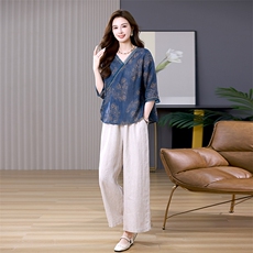 高端中老年妈妈印花苎麻套装女2024夏季新款宽松棉麻阔腿裤两件套，女装套装/套裙，凝聚力